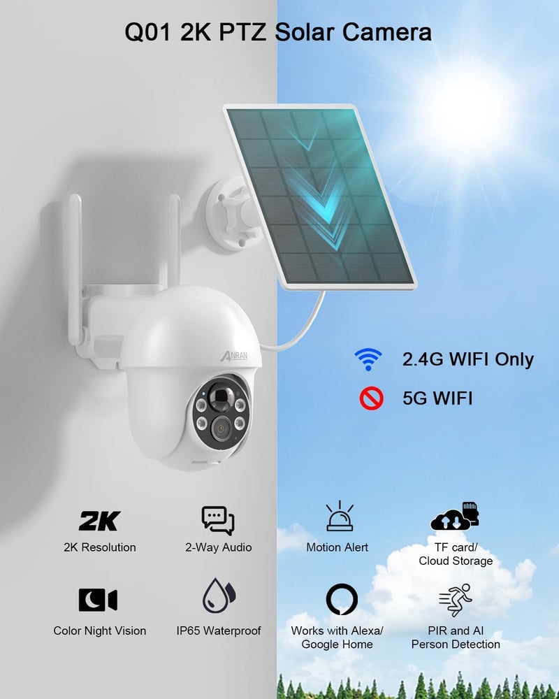 ANRAN Security Camera Wireless Outdoor, 2K Solar Outdoor Camera with 360° View, Smart Siren, Spotlights, Color Night Vision, PIR Human Detection, Pan Tilt Control, 2-Way Talk, IP65, Q1 White - Image 3